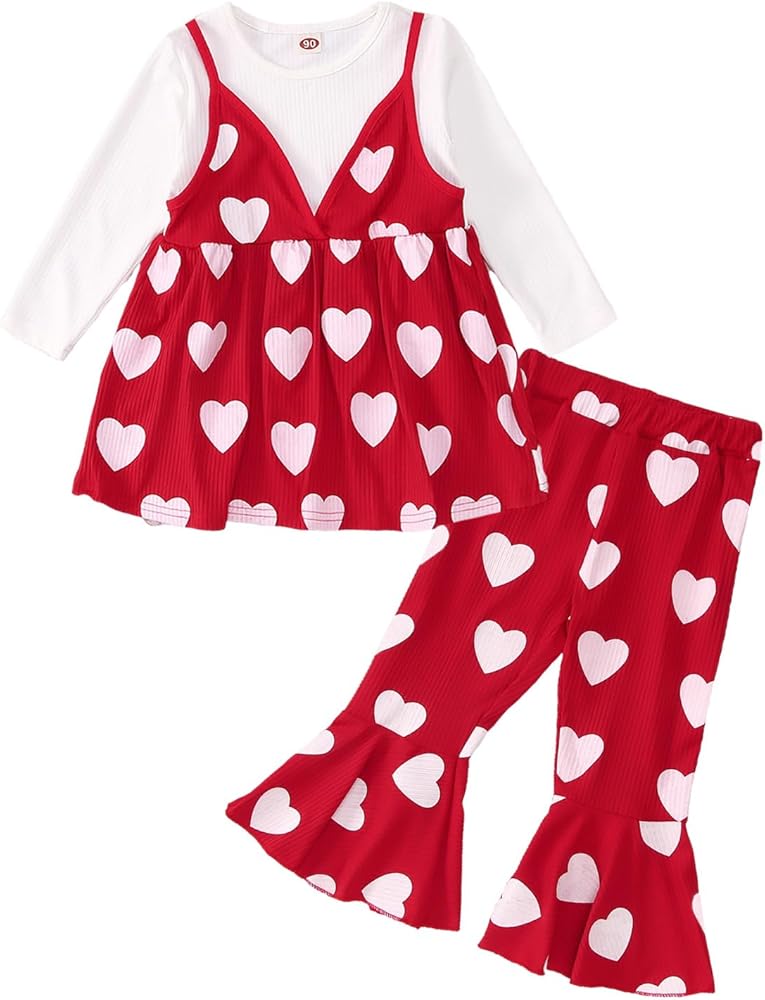 Toddler Girl Valentines Day Outfits Love Heart Shirt Tops Ribbed Flared Pants Little Girls Spring Fall Clothes Set