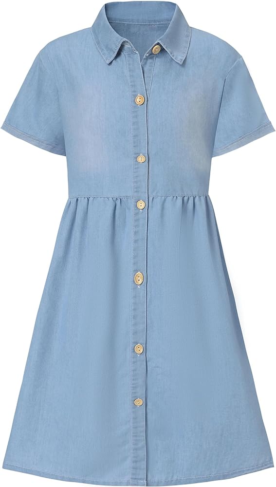 Mebius Girls Denim Dress Loose Fit School Button Short Sleeve Lapel Knee Length Causal Back Tiered Shirt Flowy Jean Dresses