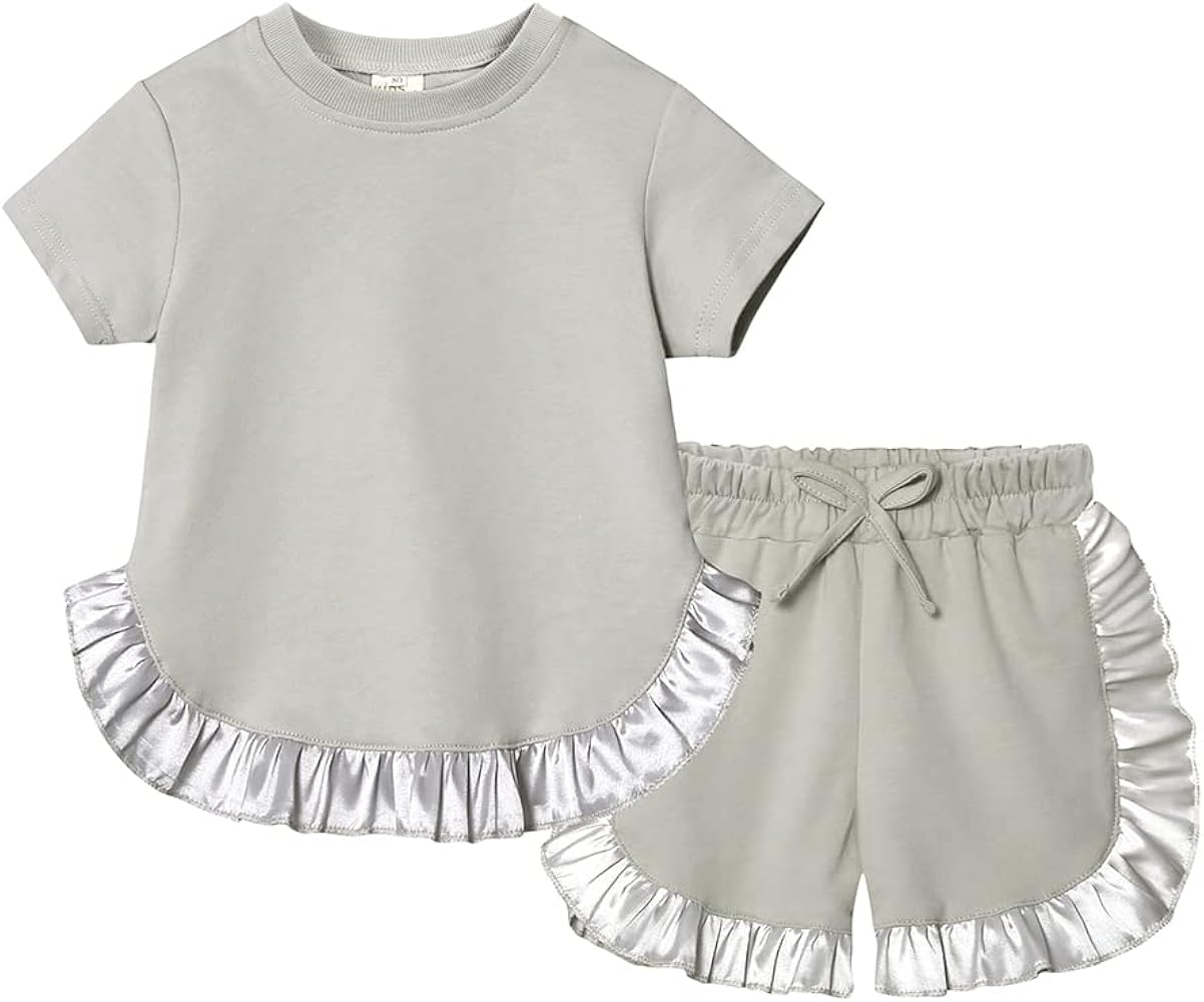 Kids Tales Little Girls Athletic Outfits Set Ruffle Tracksuit Toddler Solid Color Short Sleeve Pullover Top + Dolphin Shorts