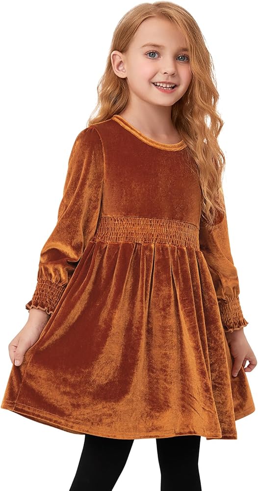 CHILDRENSTAR Girls Velvet Dress Smocked Waist Long Sleeve Knee-length Fall Dress 3-13Y