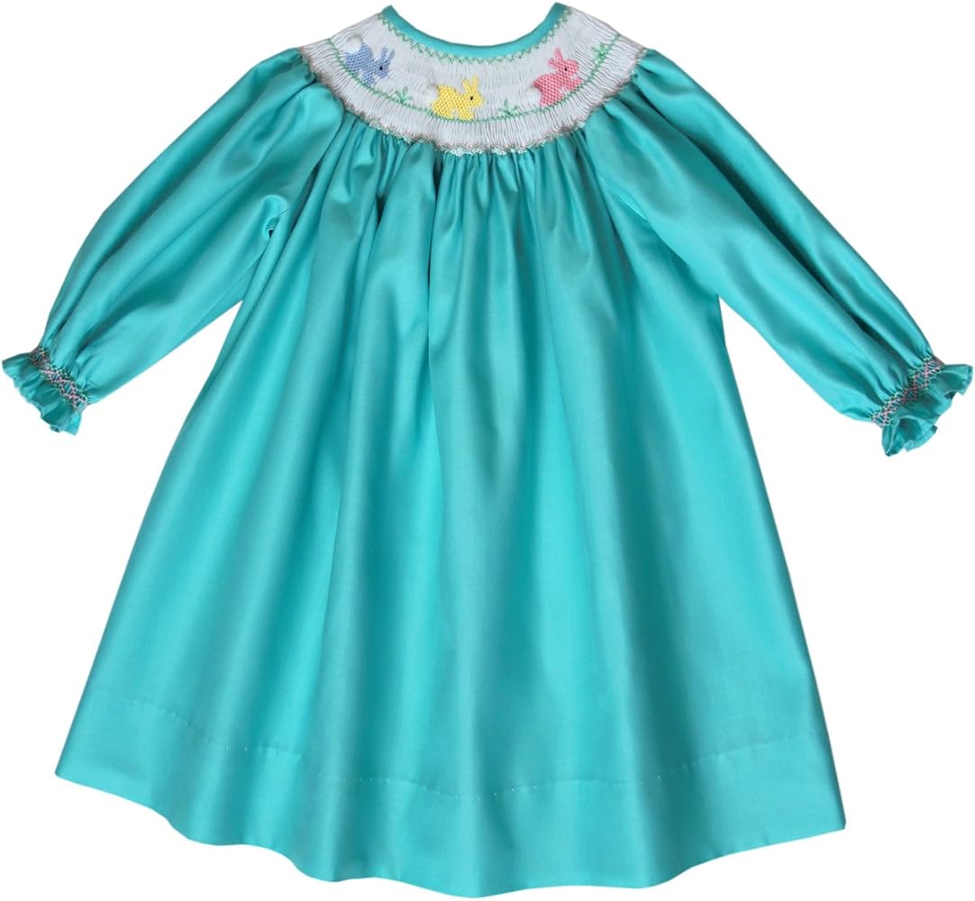 Carouselwear Aquamarine Girls Bishop Dress with Smocked Easter Bunny and Long Sleeves