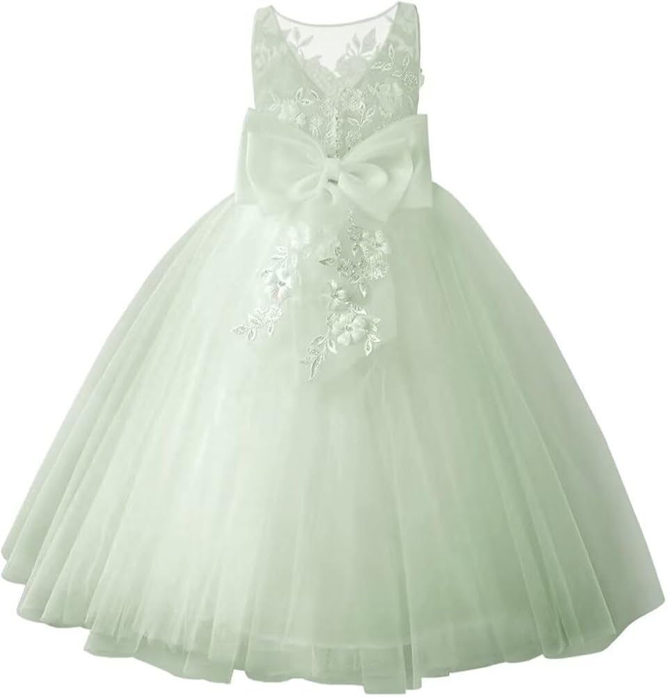 Pearls Applique Tulle Flower Girl Dress for Wedding Floor Length Kids Princess Pageant Dress Lace Bow Proms Ball Gown