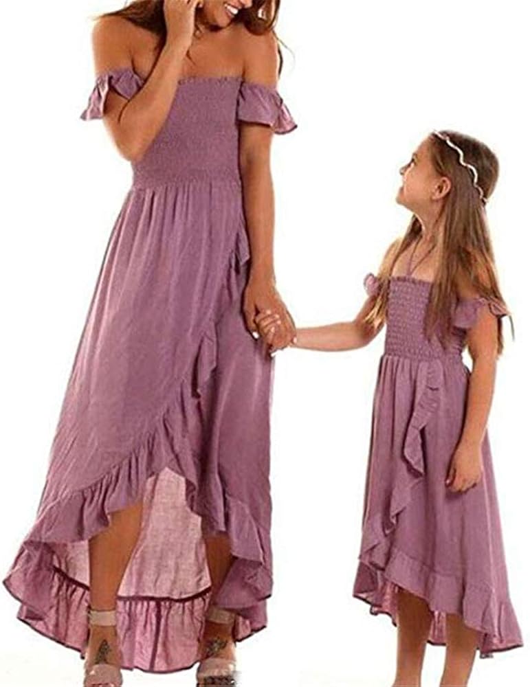 Mom Daughter Matching Dresses Off Shoulder Maxi Ruffle Backless Matching Outfit, Purple, XX-Large