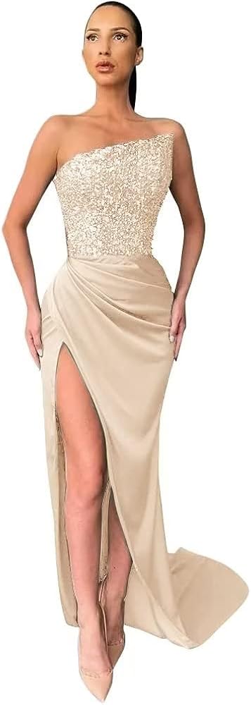 Bodycon Prom Dress Strapless Evening Dress with Asymmetrical Neckline Long Sequin Formal Dress with Slit