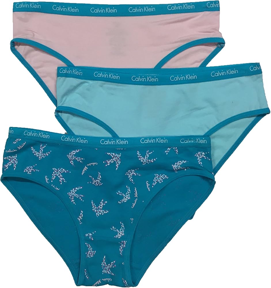 Calvin Klein Girls' 3 Pack Chrome Fashion Bikini Briefs, (Birds (37D37029-99) / Blue/Pink, Small)