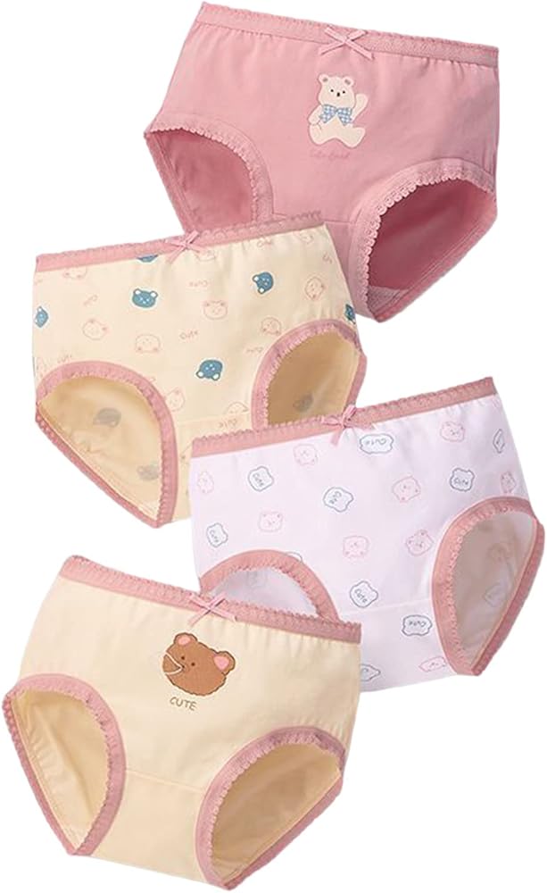 4 Pack Soft Cotton Underwear for Kids Toddler Girls, Cute Bear Pattern Ruffles Underpants Breathable P