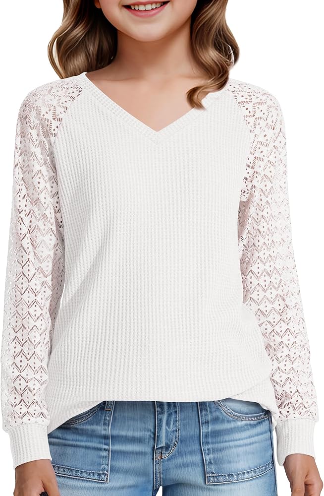 KEREDA Girls Long Sleeve Shirts Lace V-Neck Knitted Pullover Casual Blouses Tops 5-14 Years