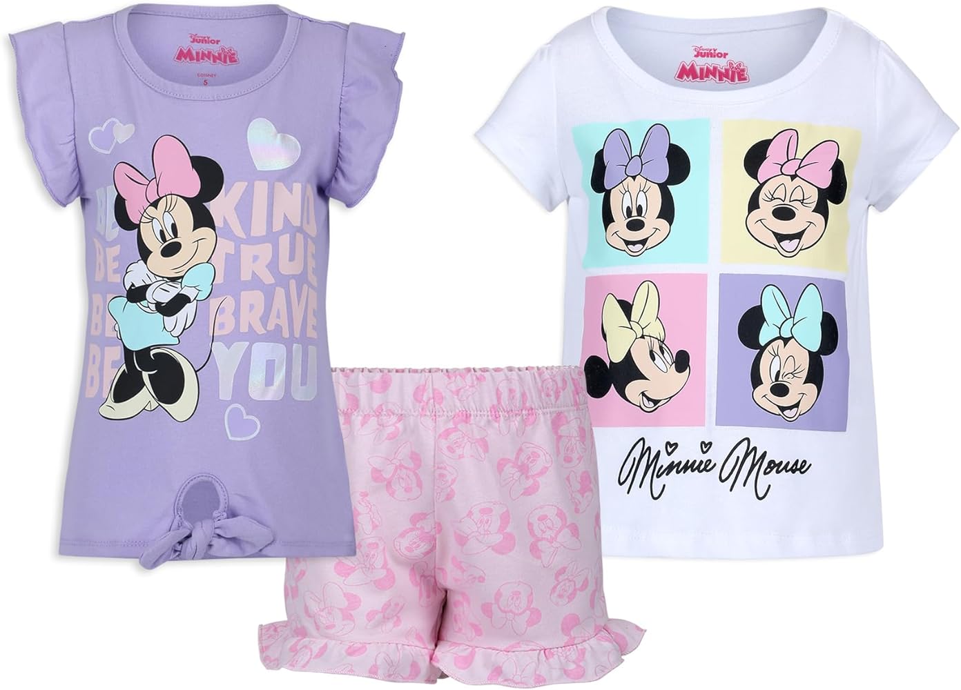 Disney Minnie Mouse Girls Short Sleeve T-Shirt, Tank Top, and Shorts 3 Piece Set for Toddlers and Big Kids- White/Purple