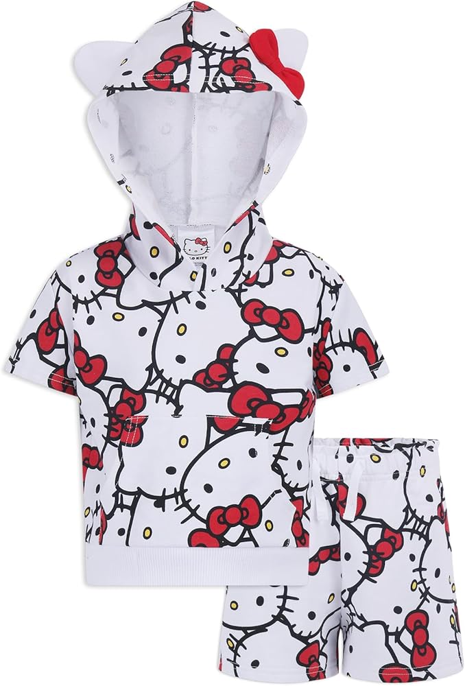 Hello Kitty Sanrio Girls Hooded Shirt with Functional Kangaroo Pocket and Shorts 2 Piece Set for Toddler and Big Kids