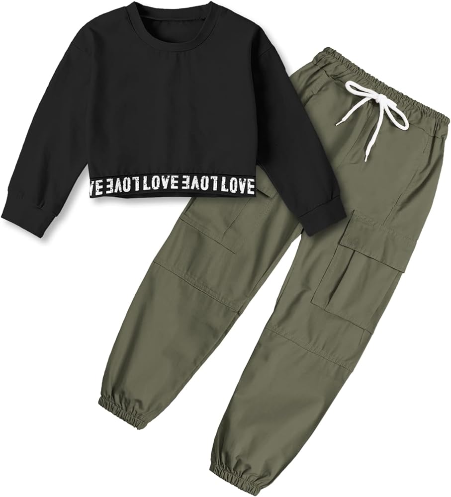 Betusline Girls 2 Piece Outfits Long Sleeve Tee Shirts and Cargo Jogger Pants Outfits, 4T-14 Years