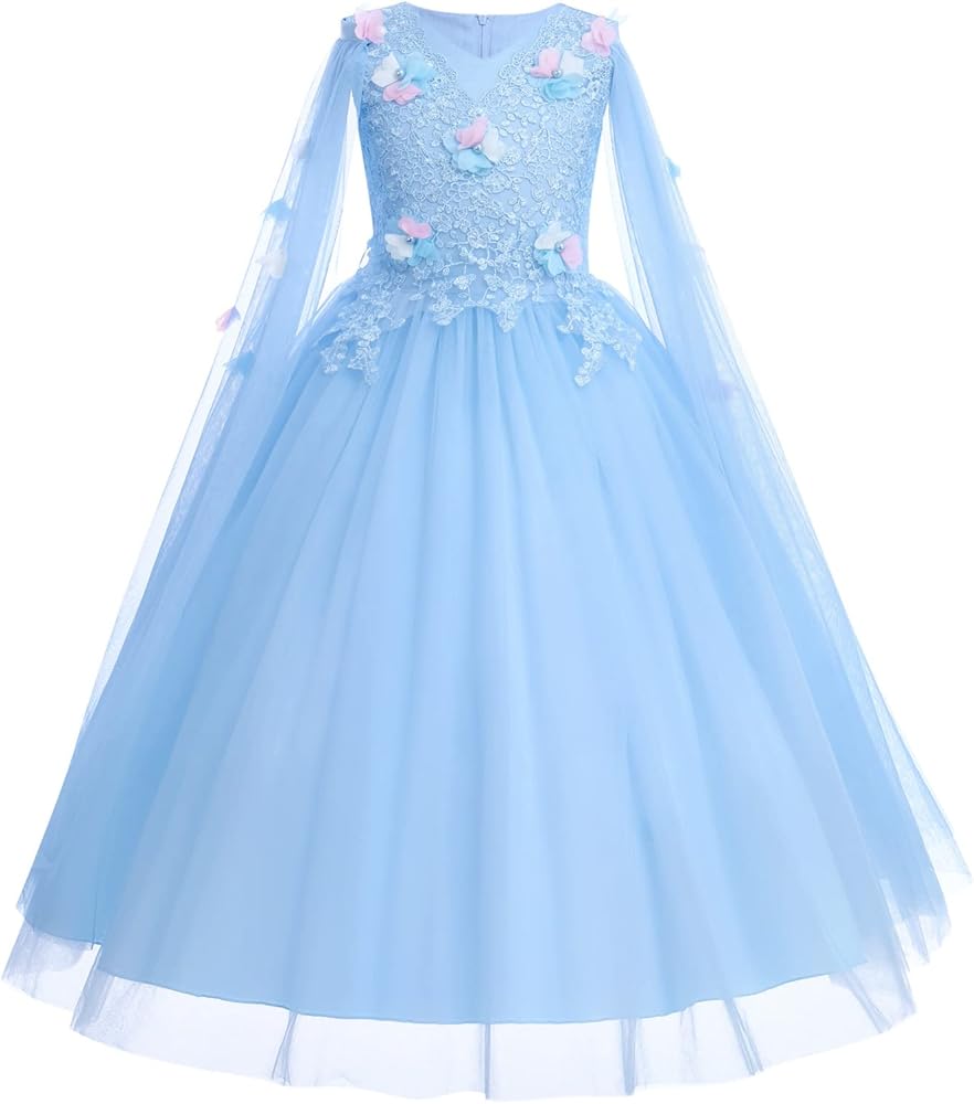 IWEMEK Girls Flower 3/4 Bell Sleeve Tulle Dress Formal Party Bridesmaid Pageant Ball Gowns Floor Length Sequin Princess Dress