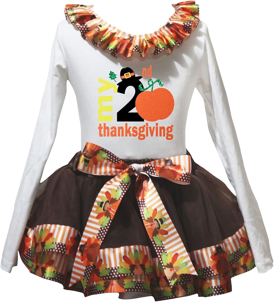 Petitebella My Thanksgiving White L/S Shirt Brown Turkey Petal Skirt Set Nb-8y