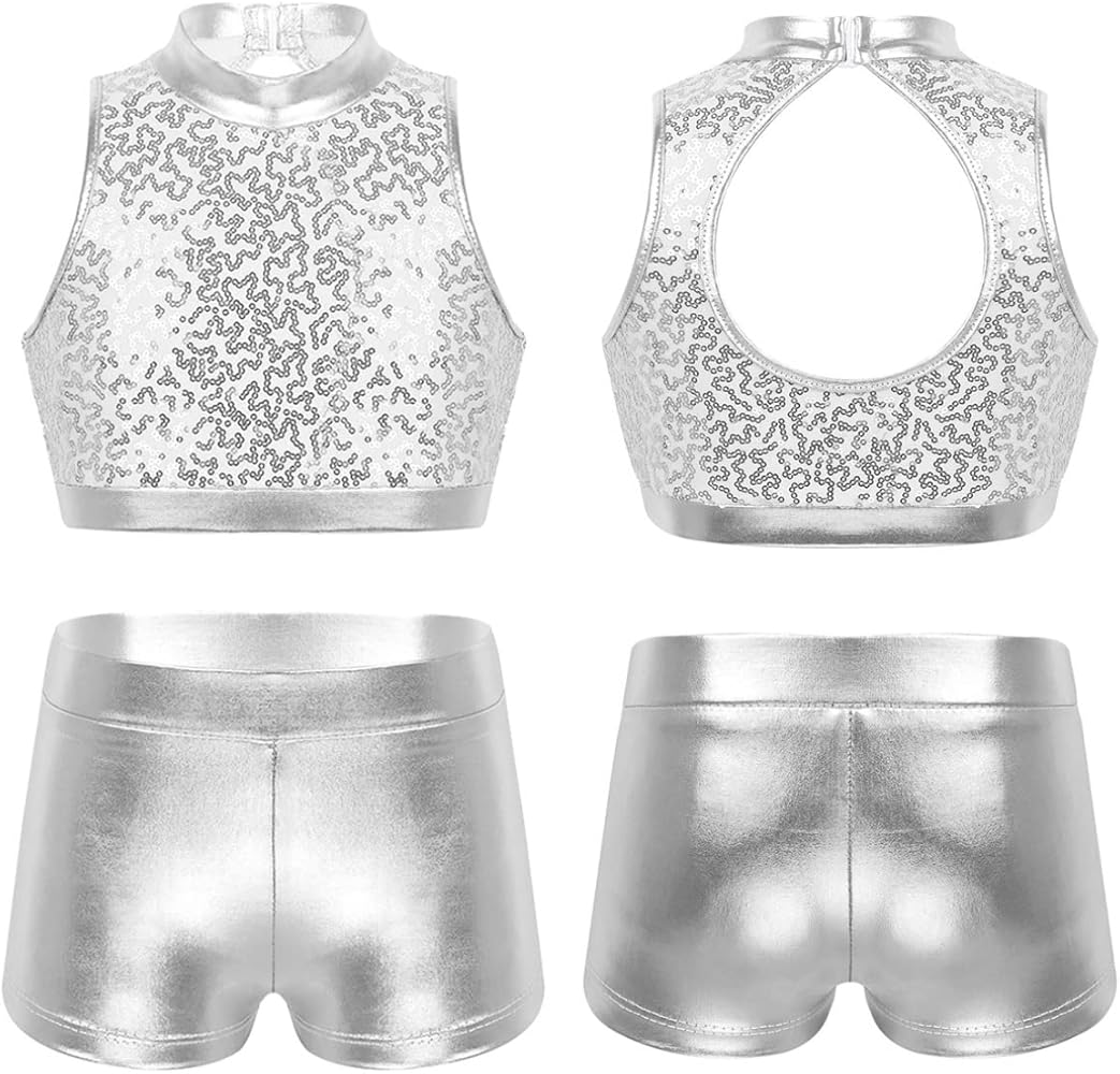 Girls 2Pcs Dance Sports Outfit Shiny Sequins Cutout Back Crop Top Booty Shorts Gymnastics Dancing Clothes