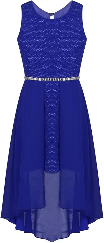 YiZYiF Big Girls Sparkle Waist Princess Prom Wedding Gown Formal Dance Party High Low Chiffon Dresses Rhinestone Blue 16