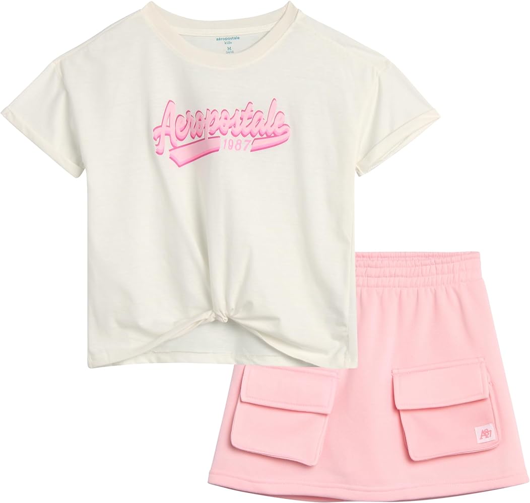 AEROPOSTALE Girls' Shorts Set - 2 Piece Jersey Graphic Tee, Fleece Shorts, Cargo Scooter Skort - Girls Summer Outfit (4-12)