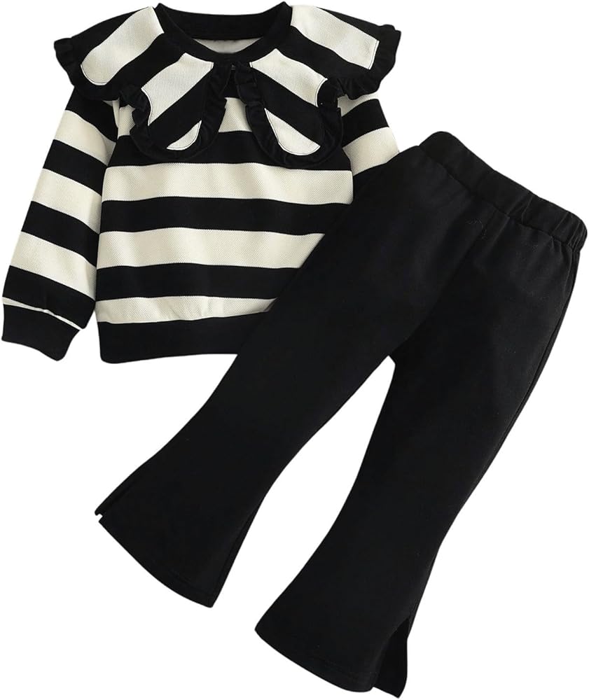 GORGLITTER Girl's Matching Sets Striped Collar Long Sleeve Sweater and Flared Leg Pants