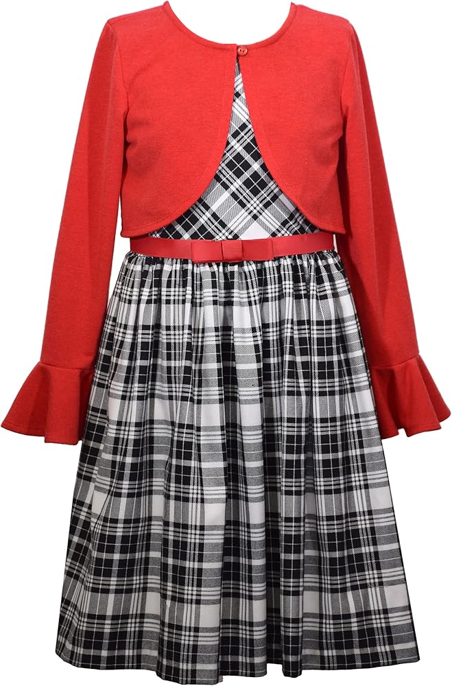 Bonnie Jean Holiday Plaid Dress with Red Sweater Cardigan Set for Toddler, Little and Big Girls