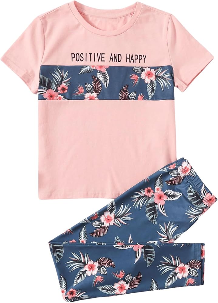 SweatyRocks Girl's 2 Piece Outfits Tropical Print Short Sleeve Tee Top and Leggings Clothing Sets