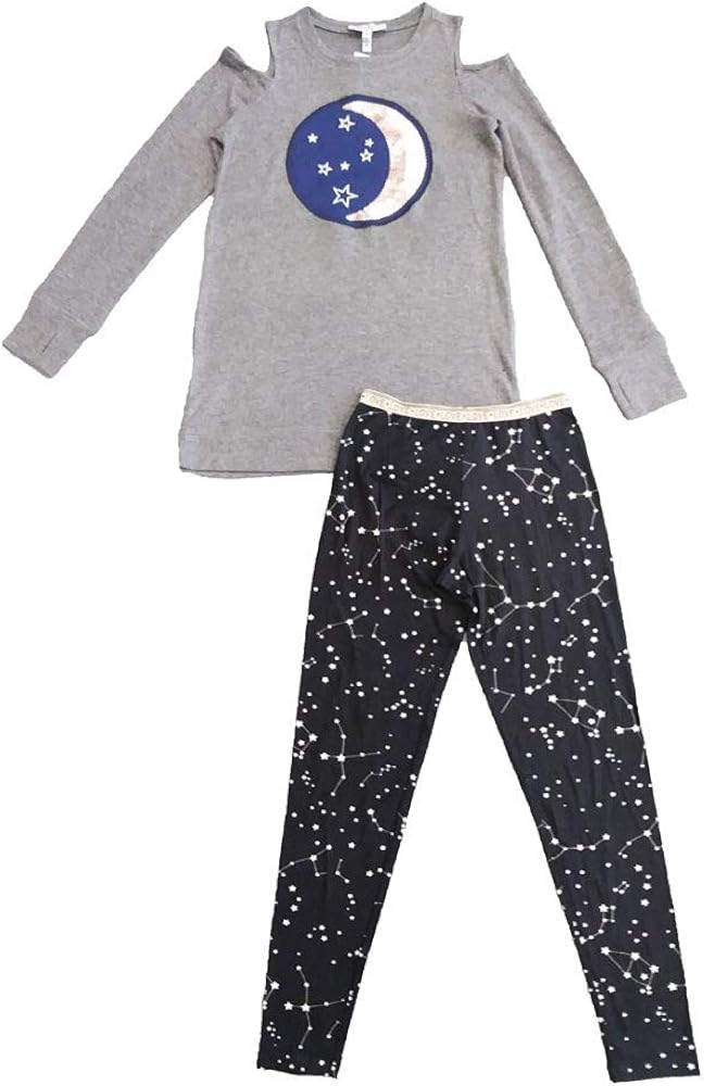 Jessica Simpson Girl's Nallah 2-Piece Cold Shoulder Top and Constellation Leggings Set, Black/Grey, Large