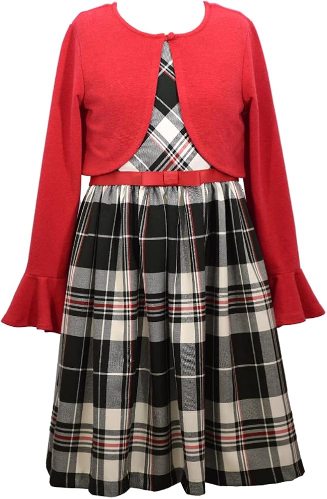 Bonnie Jean Holiday Plaid Dress with Red Sweater Cardigan for Infant, Toddler, Little and Big Girls