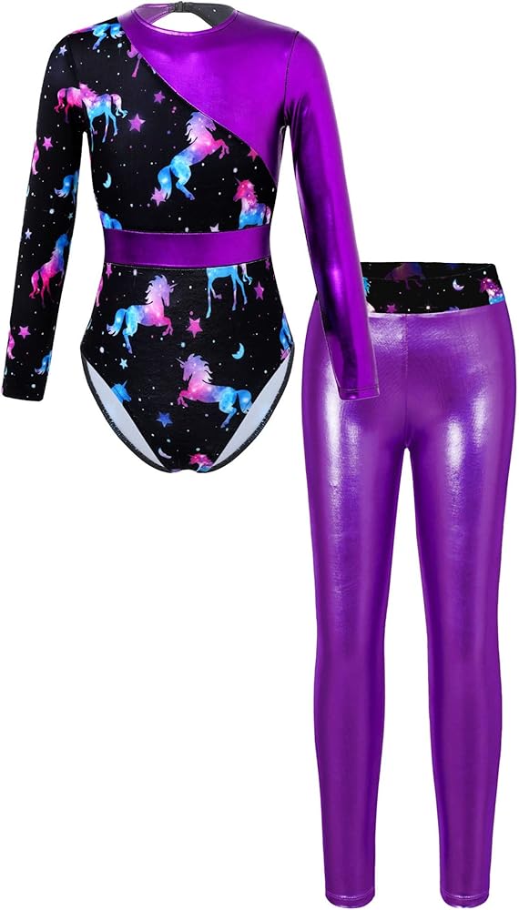 TiaoBug Kids Girls Two Pieces Outfit Long Sleeve Bronzing Cloth Leotard with Leggings Gymnastics Set