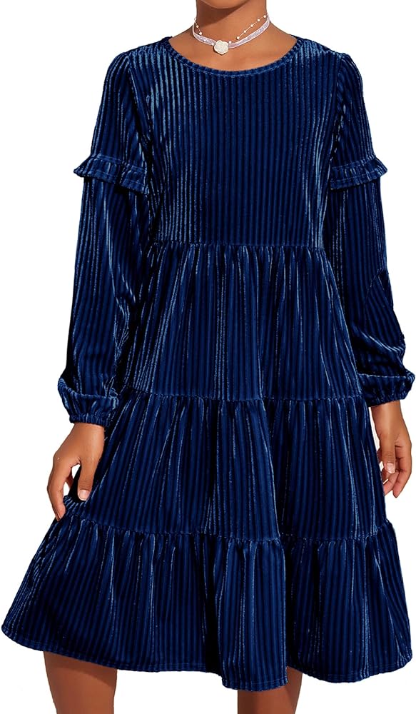 Arshiner Girls Velvet Tiered Dress Long Sleeve Crew Neck Elegant Tween Twirly Dresses for 6-13 Years