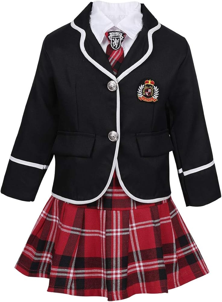 MSemis Kids Girls School Uniform Long Sleeve Coat with Shirt Tie Mini Skirt Set for Casual School Choir Cosplay