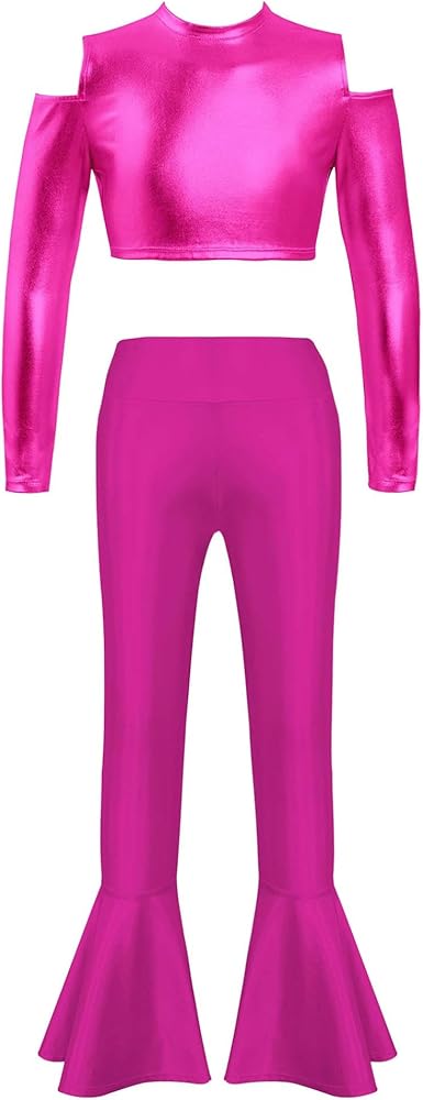 Hularka Kids Girls Shiny Metallic Long Sleeve Crop Top with Flare Pants Leggings Latin Jazz Street Modern Dancewear