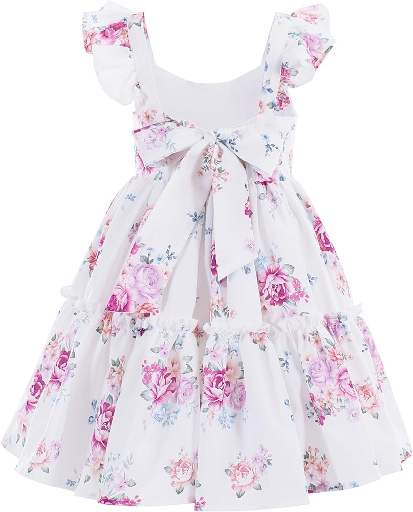 Flofallzique Floral Girls' Dress Summer Ruffle Flutter Sleeve Casual Tie Back Birtrhday Tea Party Toddler Boho Sundresses