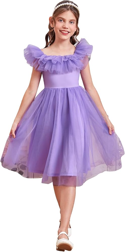 WDIRARA Girl's Ruffle Trim Contrast Mesh Cap Sleeve Square Neck Flared Hem High Waist A Line Dresses