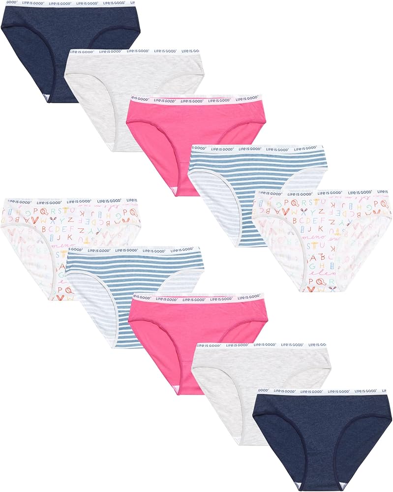 Life is Good Girls' Bikini Underwear - 10 Pack Casual Stretch Logo Waistband Bikini Briefs - Girls Cotton Underwear (S-L)