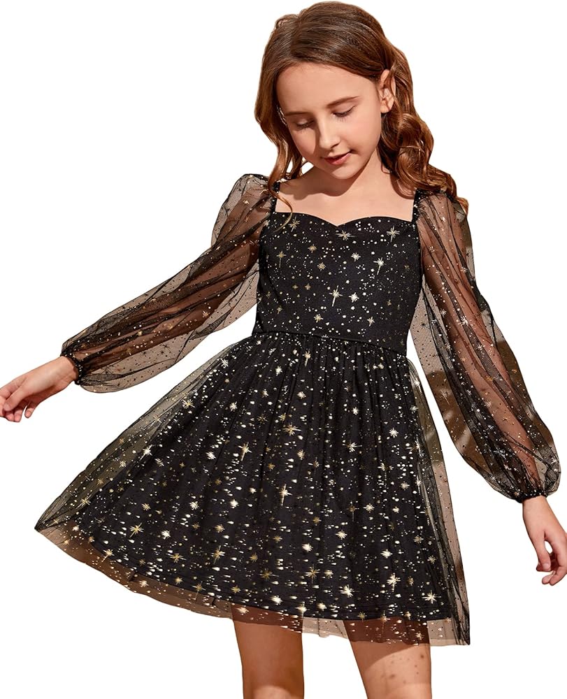 WDIRARA Girl's Polka Dots Mesh Puff Long Sleeve Ruffle Hem A Line Dress