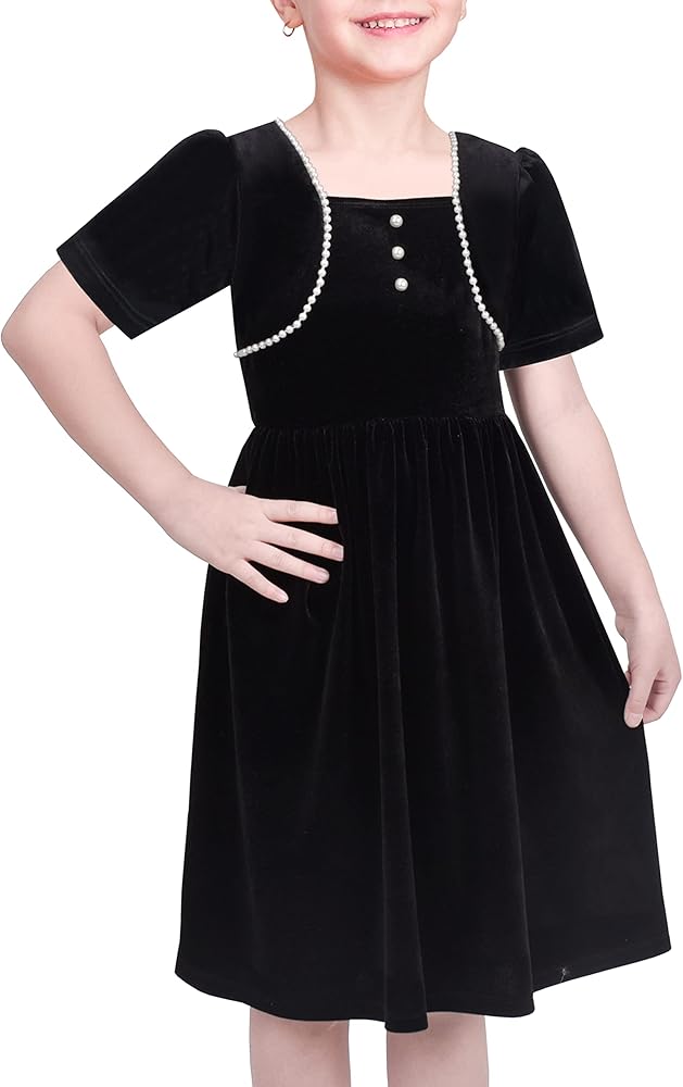 Sunny Fashion Girls Dress Black Velvet Short Sleeve Pearl Vintage Party Casual