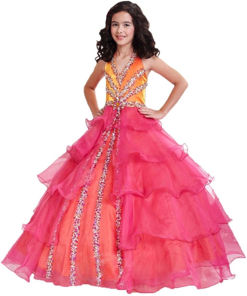 Dexin Big Girls' Halter Ball Gowns Beaded Tiered Pageant Dresses