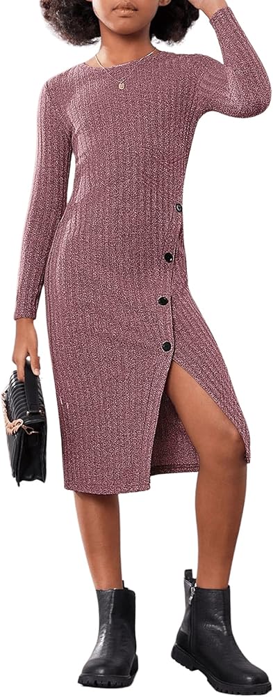 COZYEASE Girl's Ribbed Knit Pencil Dress Long Sleeve Crewneck Button Front Split Bodycon Dress Burgundy 9Y-CEHGJ20240516 -CEHGJ20240618