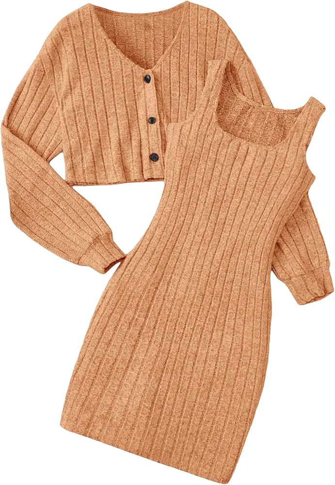 OYOANGLE Girl's 2 Piece Set Rib Knit Long Sleeve V Neck Button Front Jacket and Sleeveless Tank Dress