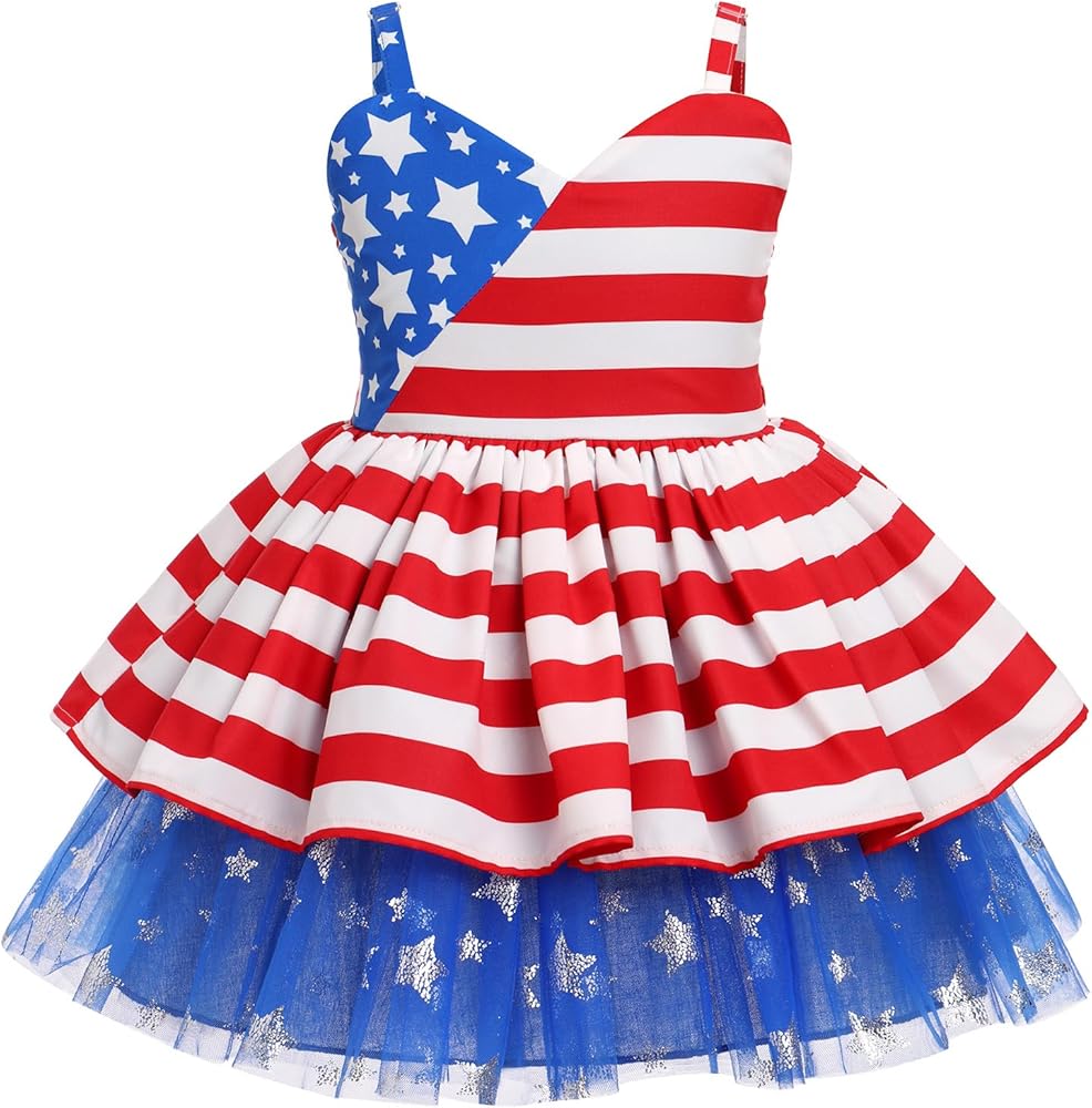 IMEKIS Toddler Kids Girls 4th of July Dress Independence Day Outfit Stripes Stars Birthday Cake Smash Photo Shoot