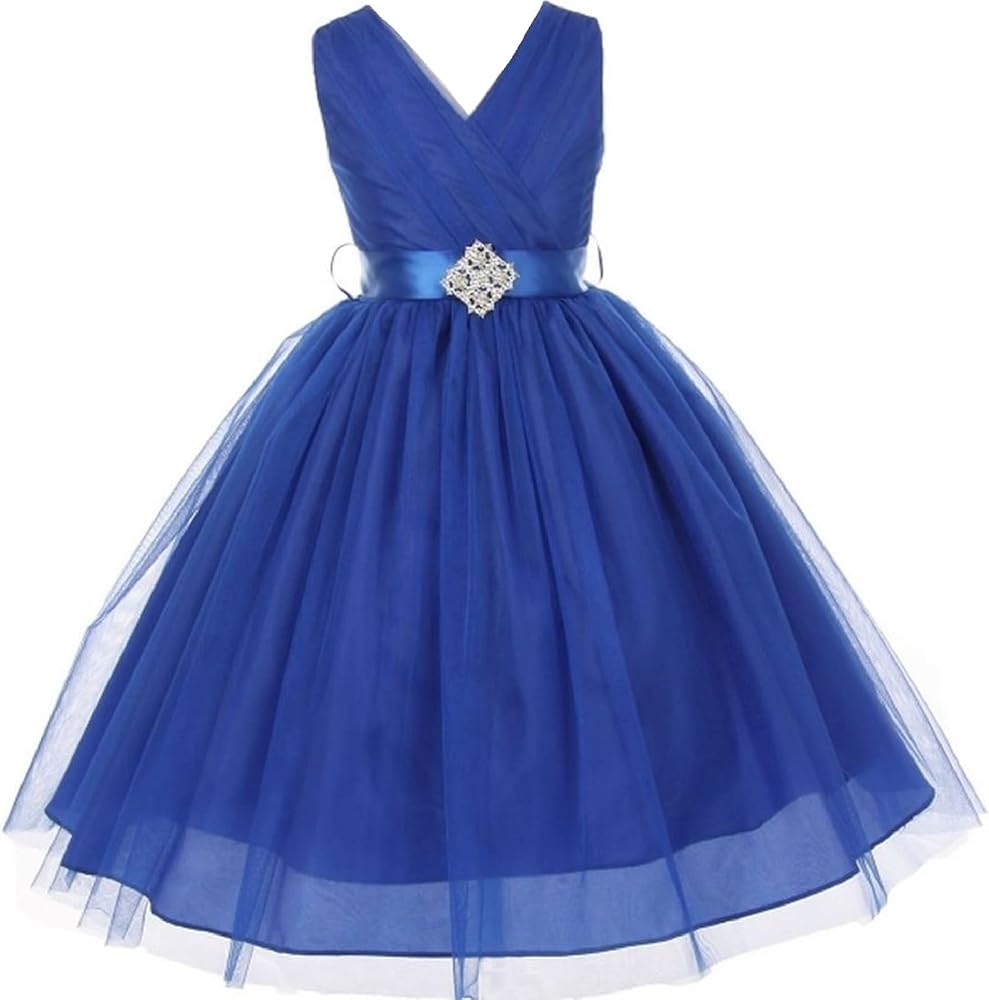 Little Girls Tulle V Neck Rhinestone Brooch Flowers Girls Dresses