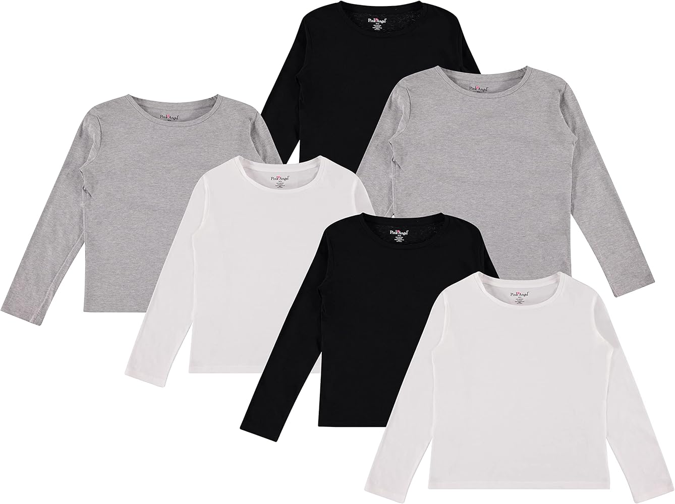 Toddler & Big Girls Cotton Long Sleeve Tee Shirt, Layering Tshirt - Kids Basic Plain Tops, 6 Pack/Grey, Black, White