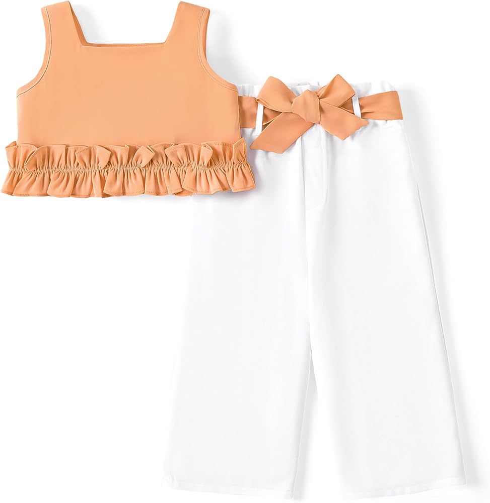 PATPAT Toddler Girls Clothes Summer 2Pcs Sleeveless Tank Top with Pleated Hem and Bowknot Wide Leg Pants Clothing Set