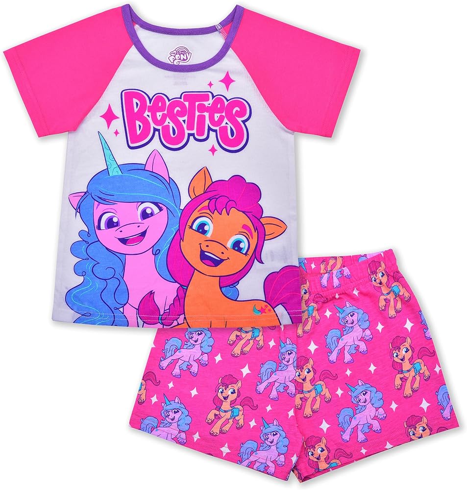 My Little Pony Hasbro Izzy and Sunny Girls’ Short Sleeve Tee and Shorts Set for Little and Big Kids – Pink/White