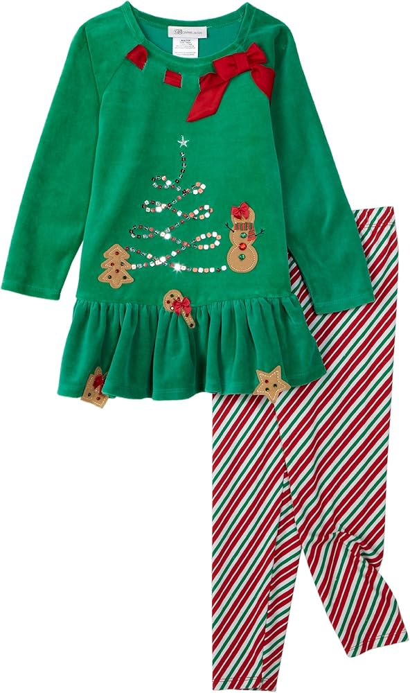 Bonnie Jean Little Girls' Velour Top With Holiday Motif Embroidery To Stripe Legging