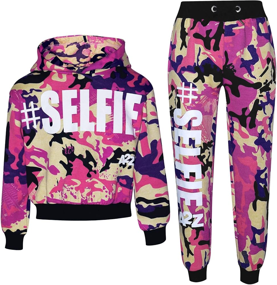 Kids Girls Jogging Suit Designer #Selfie Hooded Crop Top Bottom Tracksuit 5-13Yr