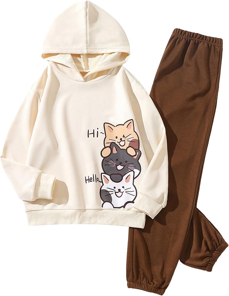 SOLY HUX Girl's 2 Piece Outfits Cute Cartoon Print Long Sleeve Hoodies Sweatshirt Tops and Sweatpants Set