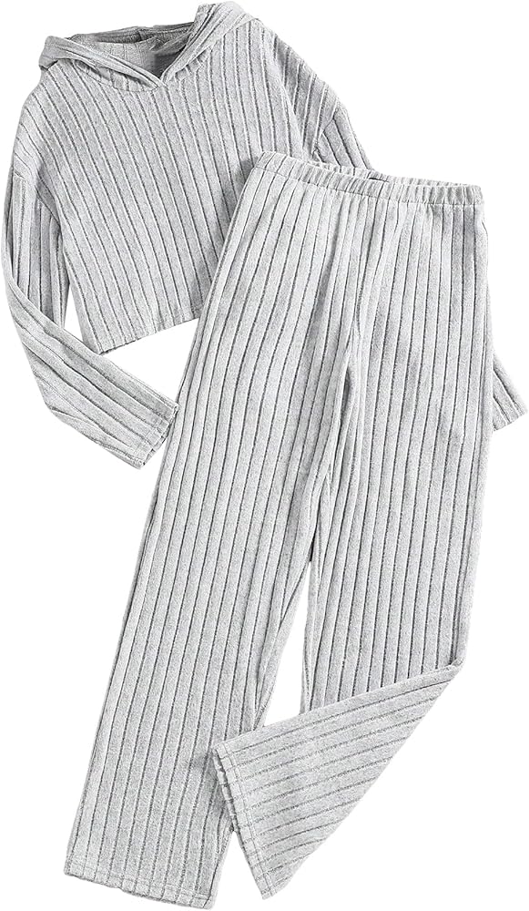 WDIRARA Girl's 2 Piece Outfit Long Sleeve Hooded Top and Ribbed Knit Pants Set