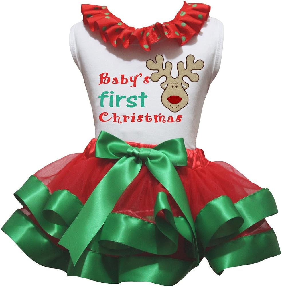 Petitebella 1st Xmas & Deer White Shirt Red Petal Skirt Green Ribbon Set Nb-8y