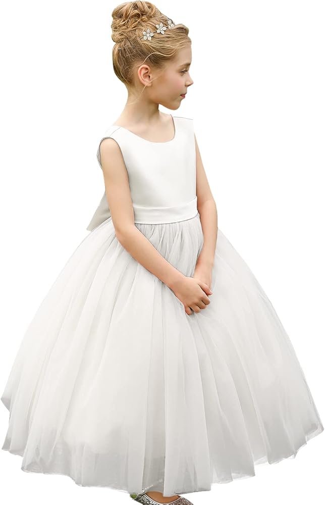 ABAO SISTER Flower Girls Satin Tulle Princess Pageant Dress for Wedding Kids Party Prom Ball Gowns Dresses