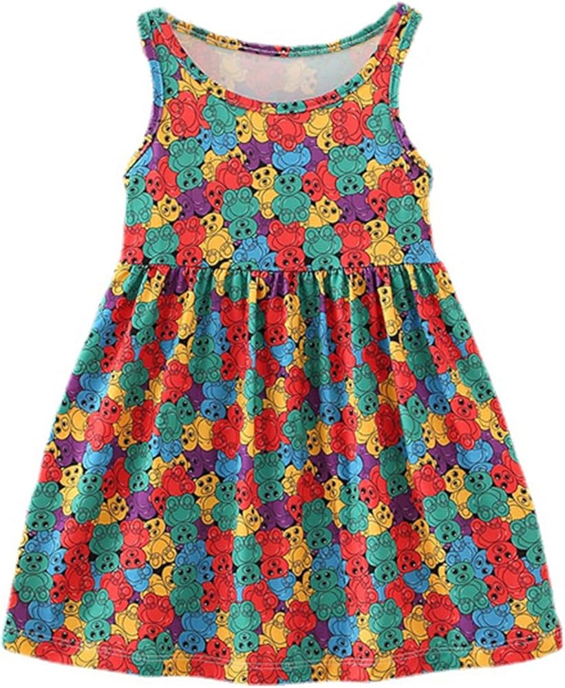 Girls Summer Dresses Halter Neck Sleeveless Cute Colorful Bear Dresses Cotton Casual Fashion Girls Dresses