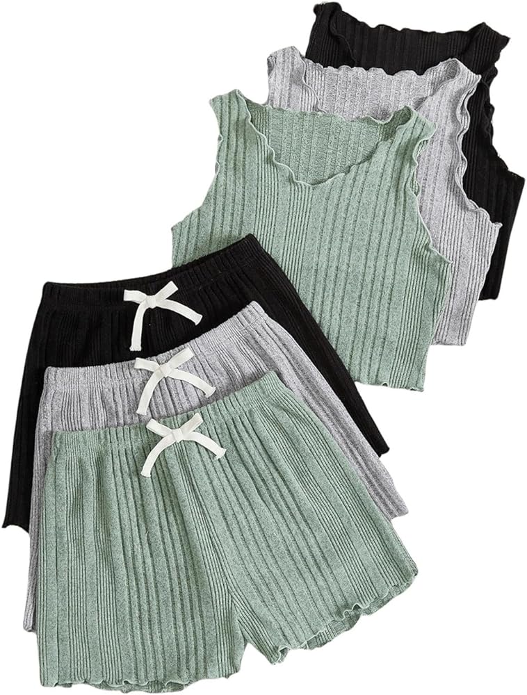 Floerns Girl's 6 Pcs Sleeveless Rib Knit Lettuce Trim Tank Top & Elastic Waist Shorts Set