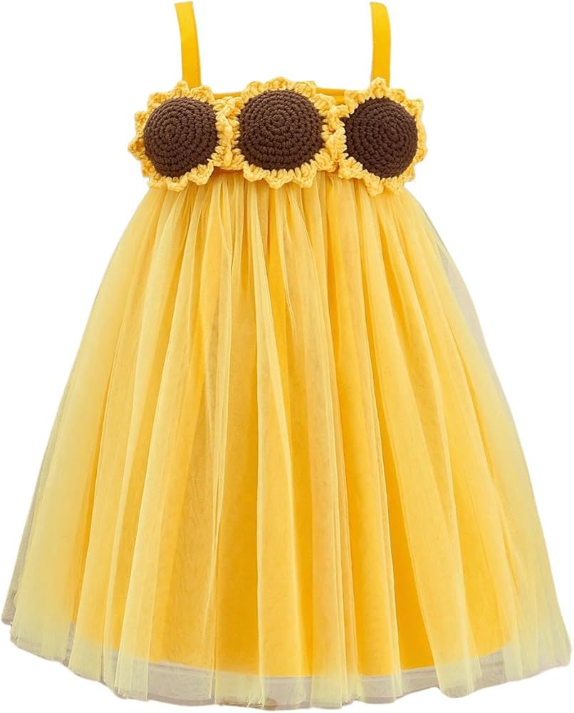 Girl's Ruffle Hem Cami Dress Sleeveless Crochet Sunflower Front Mesh Short Dresses